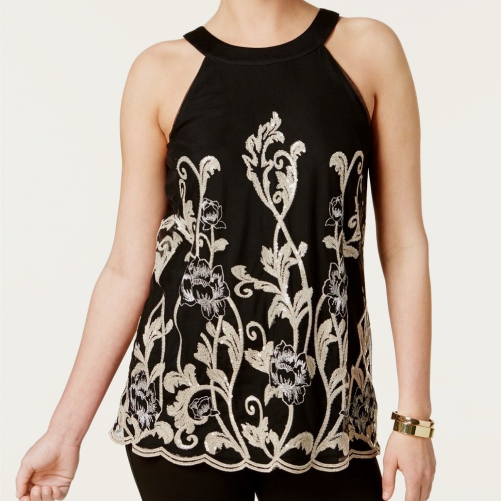 Alfani Elegant Black and Cream Embroidered Blouse